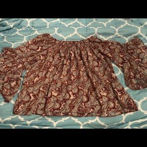 Off the shoulder red jeans by buffalo blouse